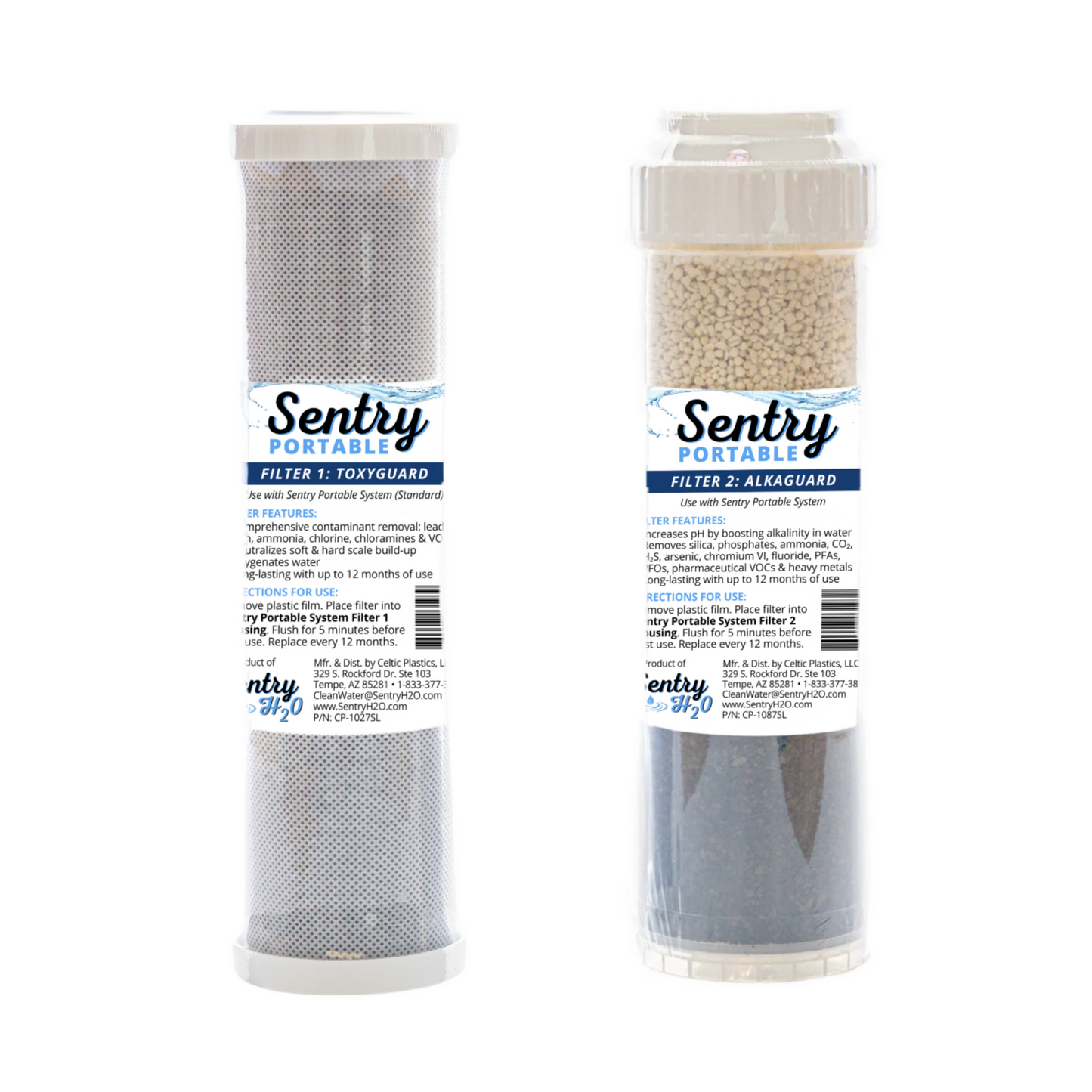 Two Standard Sentry Portable water filter cartridges on a white background
