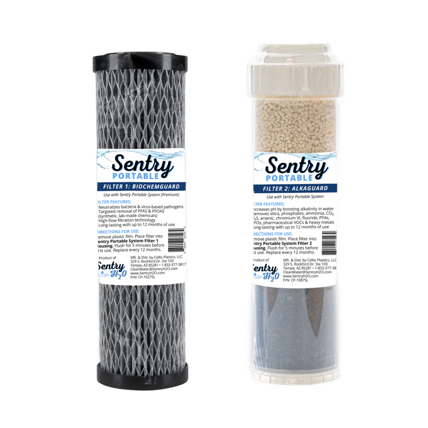Two Premium Sentry Portable water filter cartridges on a white background
