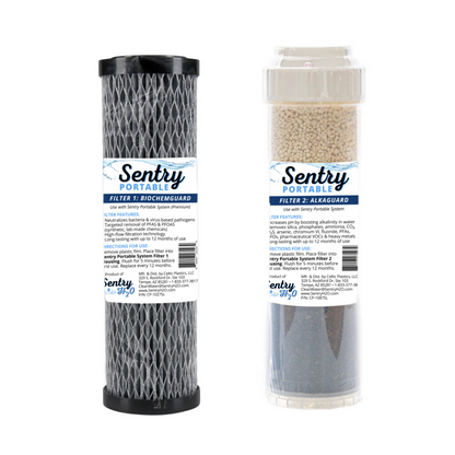 Two Premium Sentry Portable water filter cartridges on a white background